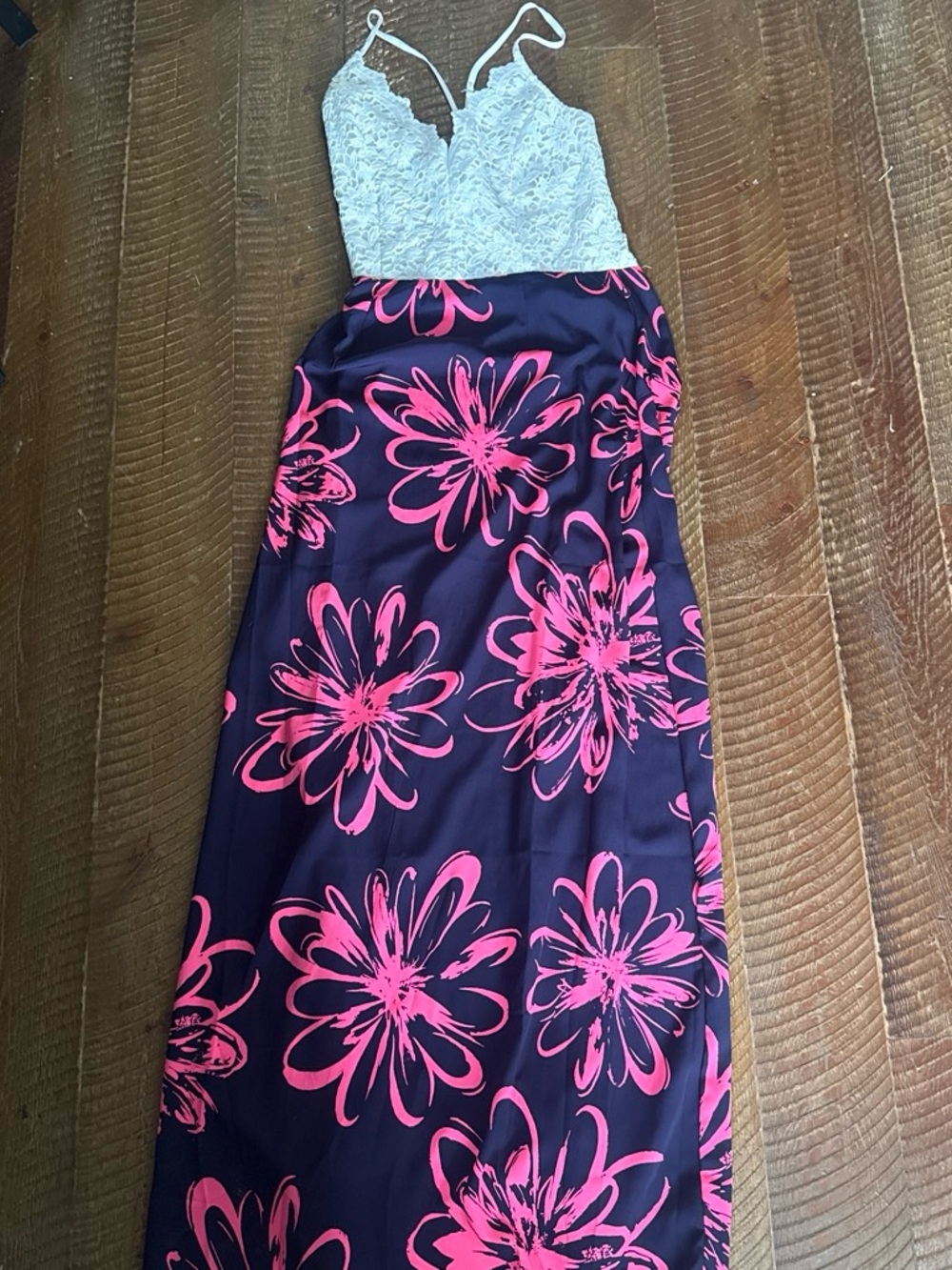 Soieblu Navy Maxi Dress with Hot Pink Floral Print and White Lace Bodice